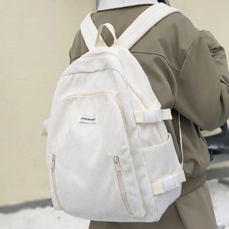 Girl Corduroy White Leisure College Backpack Female Cute University Backpack Women Laptop School Bag Fashion Lady Travel BookBag