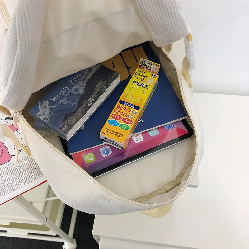 Girl Corduroy White Leisure College Backpack Female Cute University Backpack Women Laptop School Bag Fashion Lady Travel BookBag