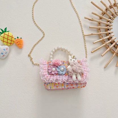 Girl Crossbody Bag Princess Pearl Handbag Cartoon Cute Rabbit Chain Shoulder Messenger Bag Children's Accessories Coin Pouch