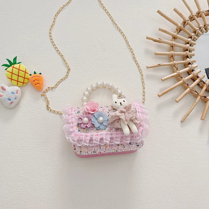 Girl Crossbody Bag Princess Pearl Handbag Cartoon Cute Rabbit Chain Shoulder Messenger Bag Children's Accessories Coin Pouch