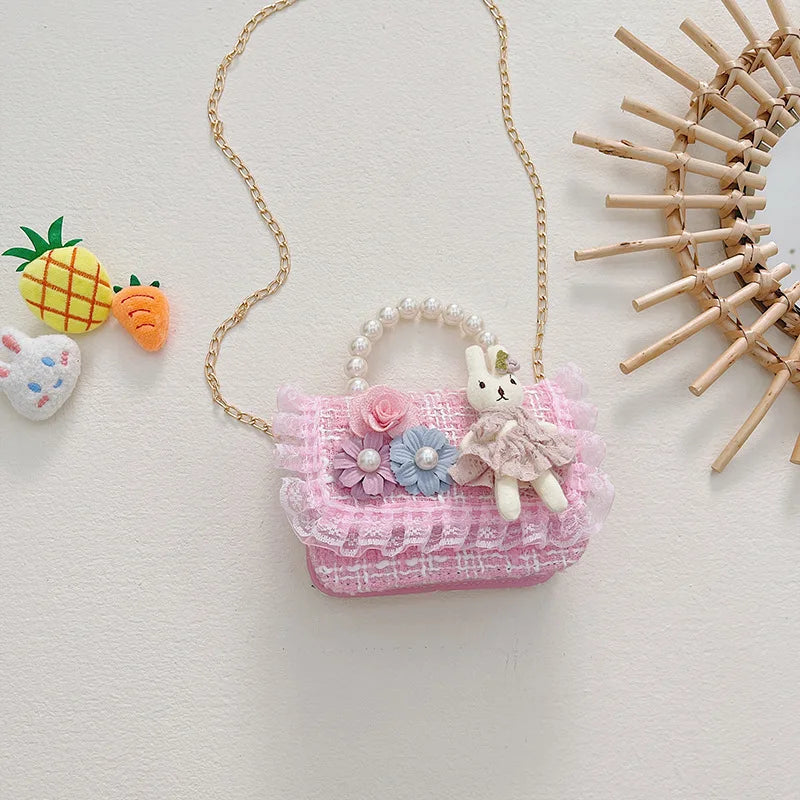 Girl Crossbody Bag Princess Pearl Handbag Cartoon Cute Rabbit Chain Shoulder Messenger Bag Children's Accessories Coin Pouch