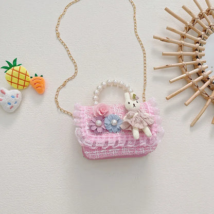Girl Crossbody Bag Princess Pearl Handbag Cartoon Cute Rabbit Chain Shoulder Messenger Bag Children's Accessories Coin Pouch