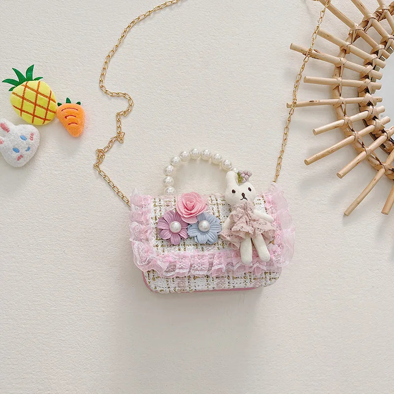 Girl Crossbody Bag Princess Pearl Handbag Cartoon Cute Rabbit Chain Shoulder Messenger Bag Children's Accessories Coin Pouch