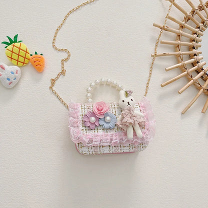 Girl Crossbody Bag Princess Pearl Handbag Cartoon Cute Rabbit Chain Shoulder Messenger Bag Children's Accessories Coin Pouch