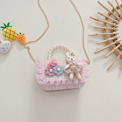 Girl Crossbody Bag Princess Pearl Handbag Cartoon Cute Rabbit Chain Shoulder Messenger Bag Children's Accessories Coin Pouch