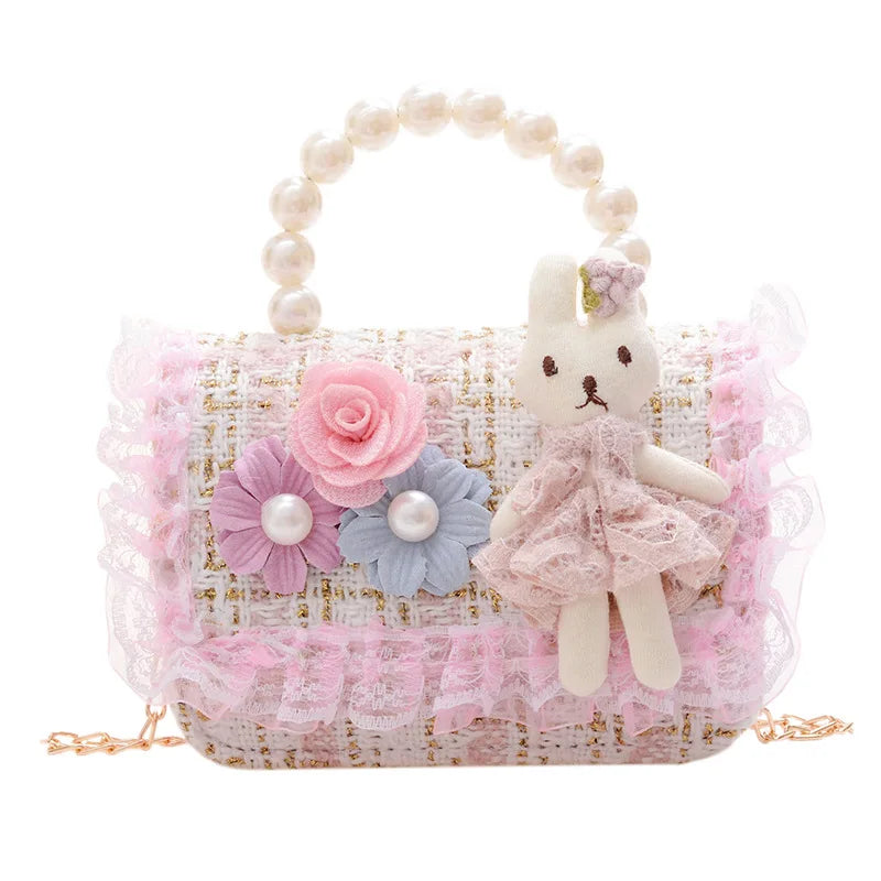 Girl Crossbody Bag Princess Pearl Handbag Cartoon Cute Rabbit Chain Shoulder Messenger Bag Children's Accessories Coin Pouch