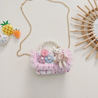 Girl Crossbody Bag Princess Pearl Handbag Cartoon Cute Rabbit Chain Shoulder Messenger Bag Children's Accessories Coin Pouch