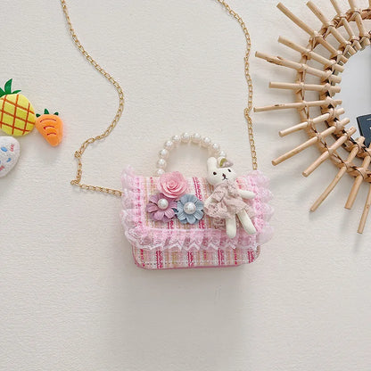 Girl Crossbody Bag Princess Pearl Handbag Cartoon Cute Rabbit Chain Shoulder Messenger Bag Children's Accessories Coin Pouch