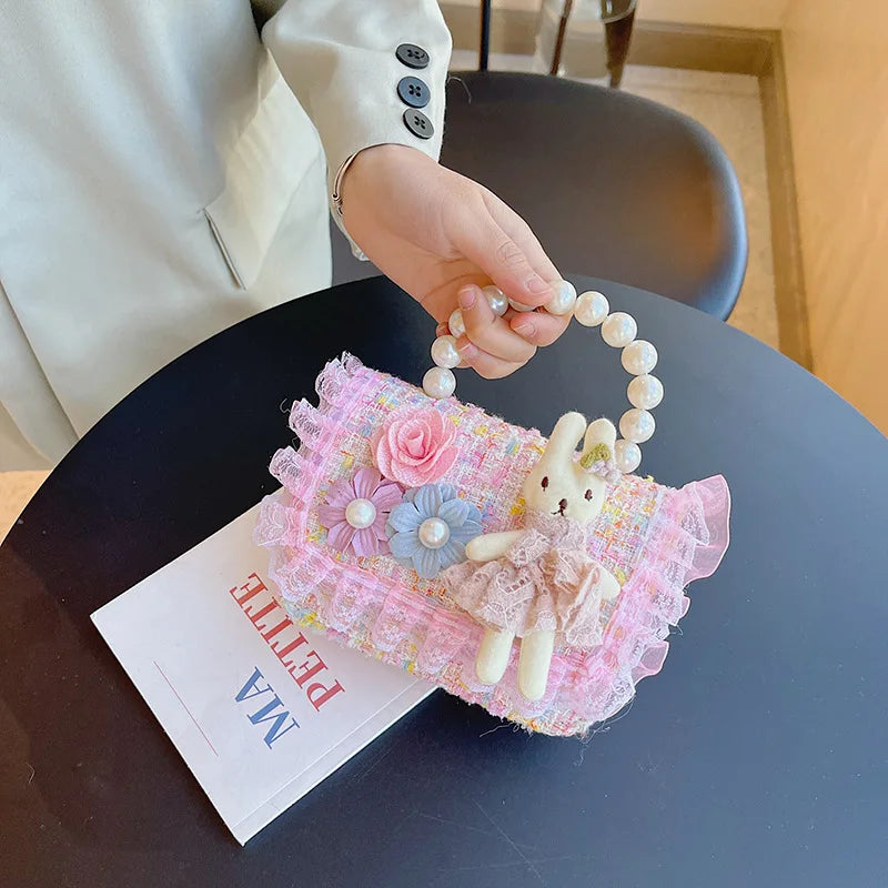Girl Crossbody Bag Princess Pearl Handbag Cartoon Cute Rabbit Chain Shoulder Messenger Bag Children's Accessories Coin Pouch