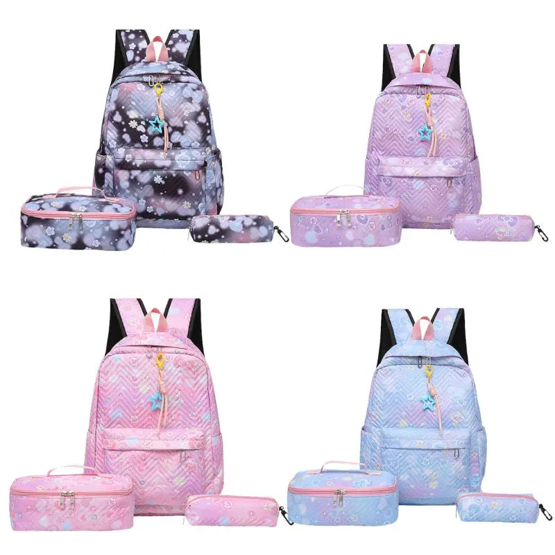 Girl Flower Printed Primary Junior High University  Bookbag Lunch Bag Pencil Case 3pcs Backpack Sets Youth School Backpacks