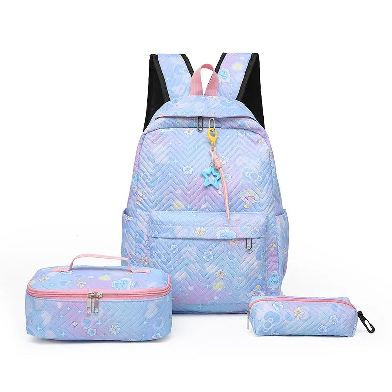 Girl Flower Printed Primary Junior High University  Bookbag Lunch Bag Pencil Case 3pcs Backpack Sets Youth School Backpacks