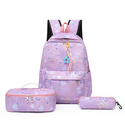 Girl Flower Printed Primary Junior High University  Bookbag Lunch Bag Pencil Case 3pcs Backpack Sets Youth School Backpacks