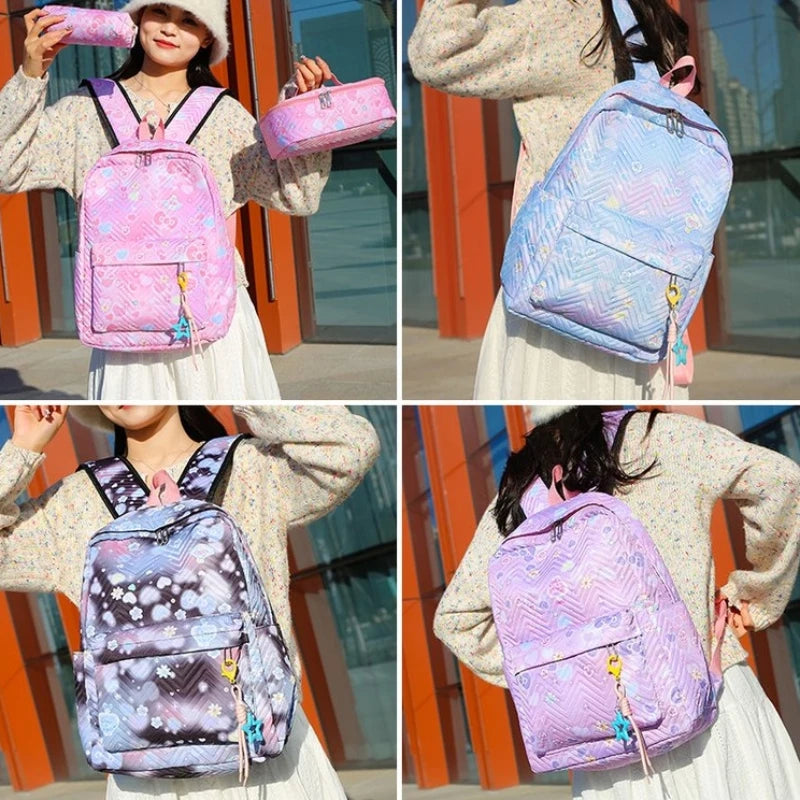 Girl Flower Printed Primary Junior High University  Bookbag Lunch Bag Pencil Case 3pcs Backpack Sets Youth School Backpacks