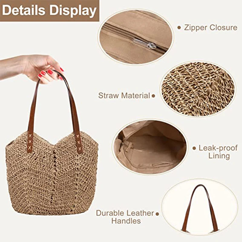 Girl Straw Bag for Women Summer Beach Bag Soft Woven Tote Bag Large Rattan Shoulder Bag for Vacation Travel Shopping Bags