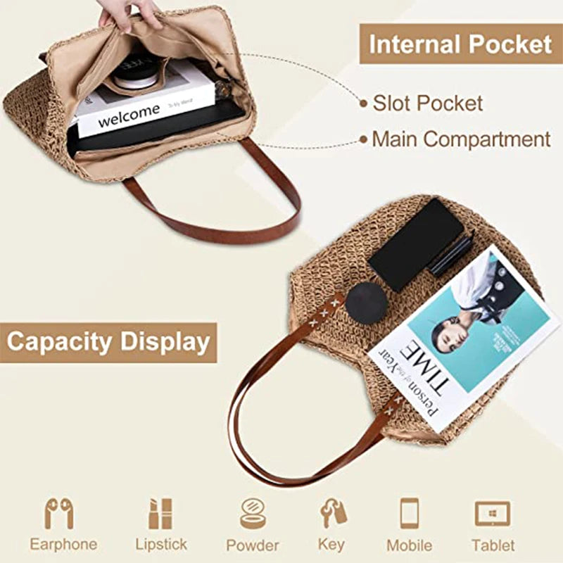 Girl Straw Bag for Women Summer Beach Bag Soft Woven Tote Bag Large Rattan Shoulder Bag for Vacation Travel Shopping Bags