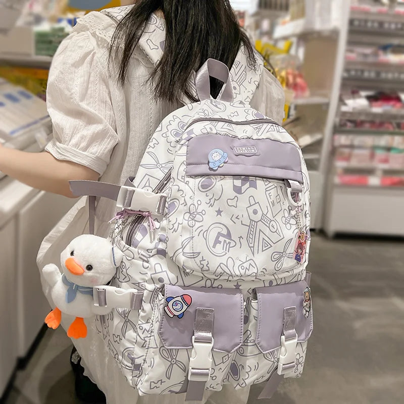 Girl Travel Graffiti Transparent Book Backpack Women Purple Kawaii School Bag Ladies College Backpack Fashion Female Laptop Bags