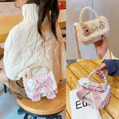 Girl's Crossbody Bag Flower Pearl Handbag Bow-knot Rabbit Shoulder Pocket Coin Purse Kids Princess Messenger Bag Birthday Gift