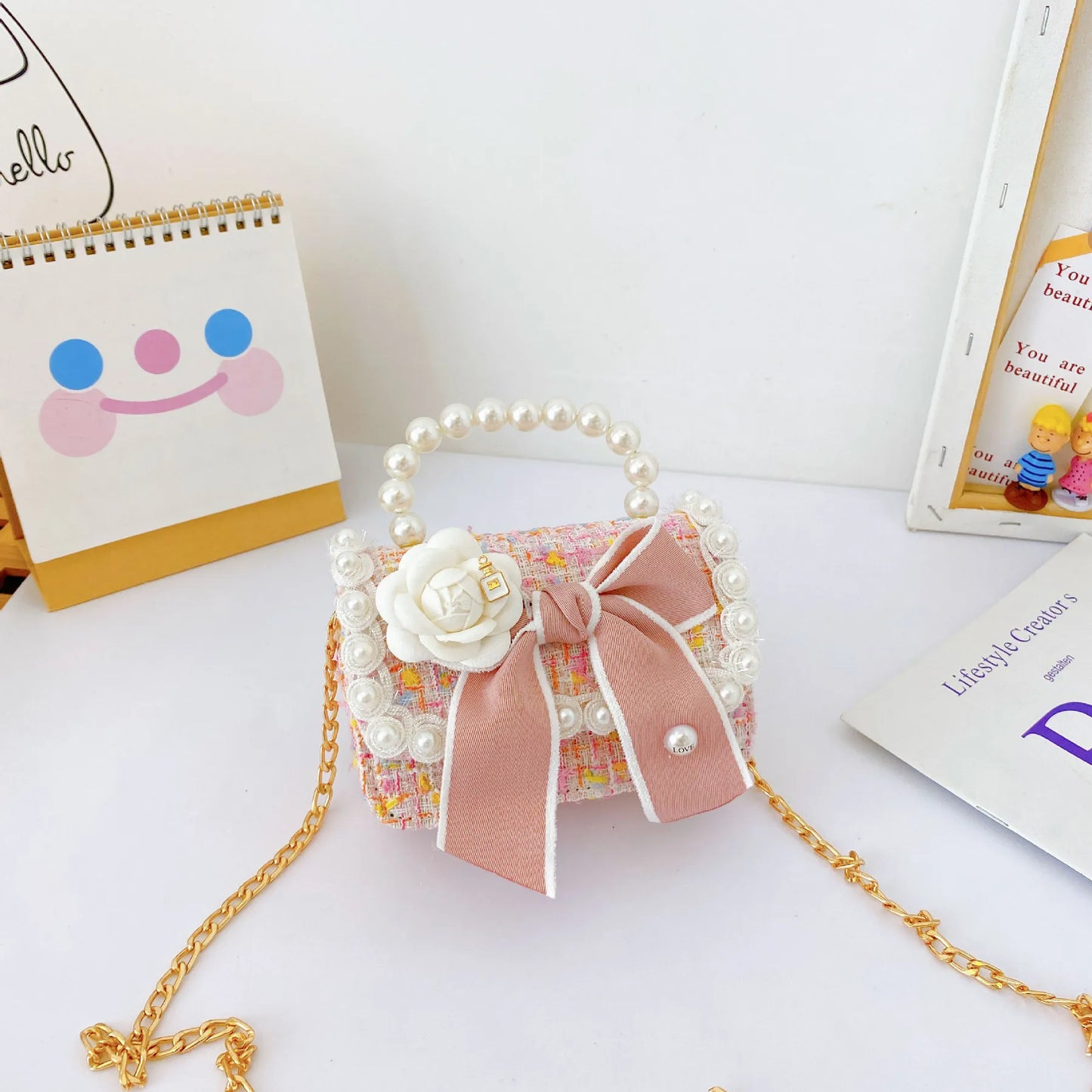 Girl's Crossbody Bag Flower Pearl Handbag Bow-knot Rabbit Shoulder Pocket Coin Purse Kids Princess Messenger Bag Birthday Gift