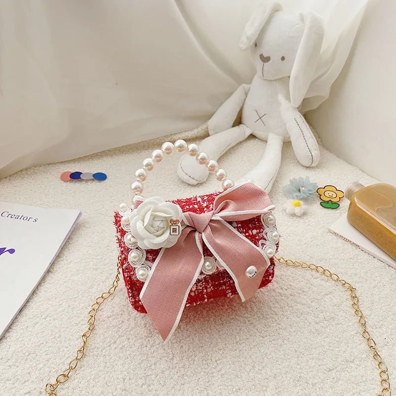 Girl's Crossbody Bag Flower Pearl Handbag Bow-knot Rabbit Shoulder Pocket Coin Purse Kids Princess Messenger Bag Birthday Gift
