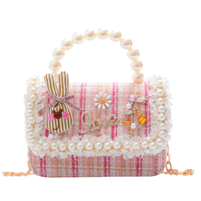 Girl's Crossbody Bag Flower Pearl Handbag Bow-knot Rabbit Shoulder Pocket Coin Purse Kids Princess Messenger Bag Birthday Gift