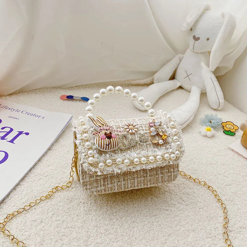Girl's Crossbody Bag Flower Pearl Handbag Bow-knot Rabbit Shoulder Pocket Coin Purse Kids Princess Messenger Bag Birthday Gift