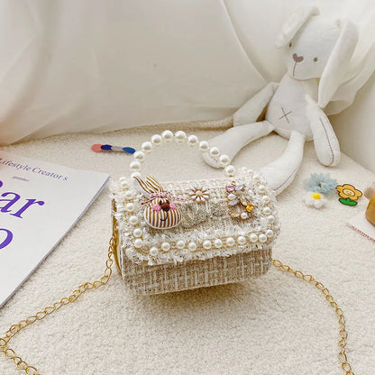 Girl's Crossbody Bag Flower Pearl Handbag Bow-knot Rabbit Shoulder Pocket Coin Purse Kids Princess Messenger Bag Birthday Gift