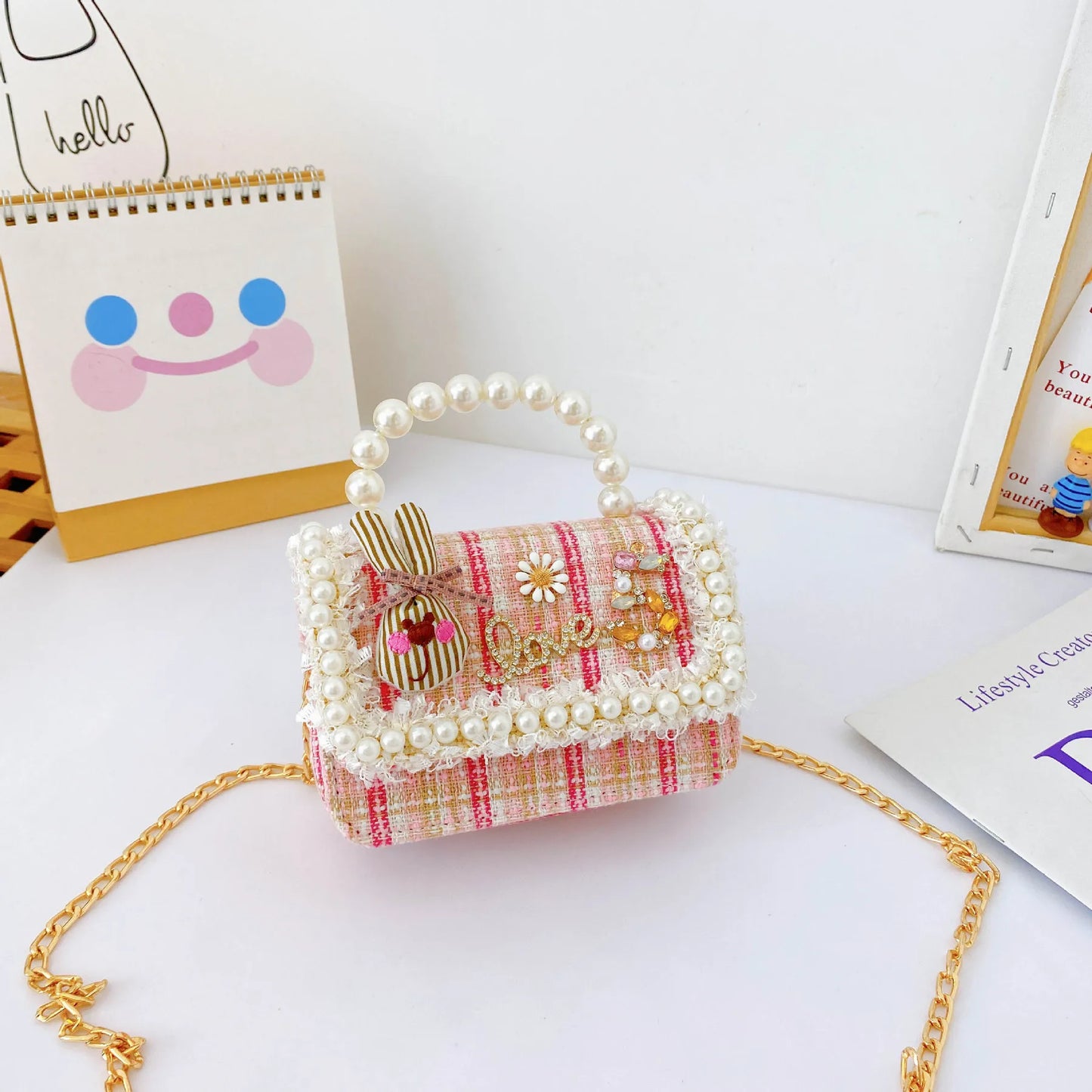 Girl's Crossbody Bag Flower Pearl Handbag Bow-knot Rabbit Shoulder Pocket Coin Purse Kids Princess Messenger Bag Birthday Gift