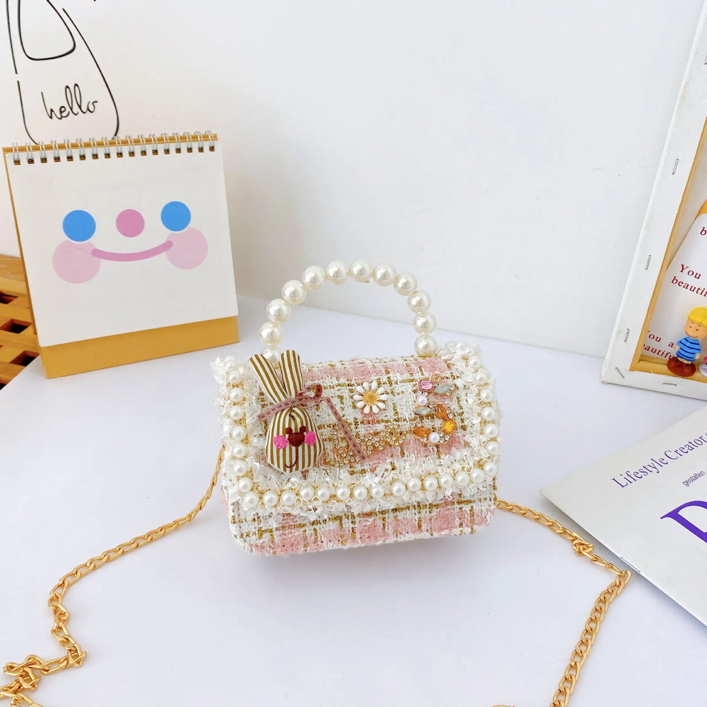 Girl's Crossbody Bag Flower Pearl Handbag Bow-knot Rabbit Shoulder Pocket Coin Purse Kids Princess Messenger Bag Birthday Gift