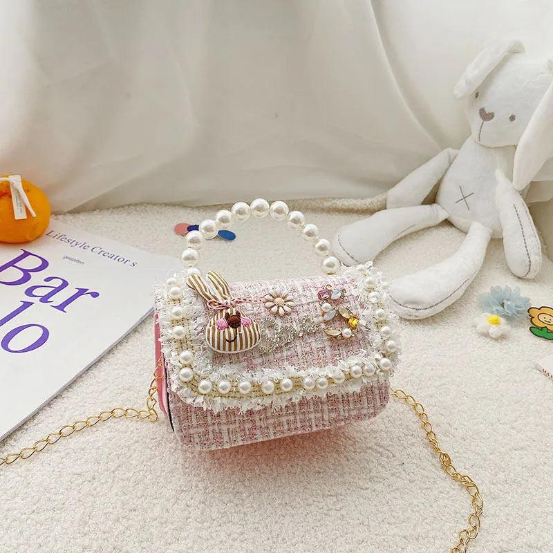 Girl's Crossbody Bag Flower Pearl Handbag Bow-knot Rabbit Shoulder Pocket Coin Purse Kids Princess Messenger Bag Birthday Gift