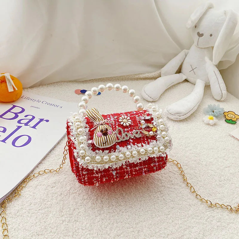 Girl's Crossbody Bag Flower Pearl Handbag Bow-knot Rabbit Shoulder Pocket Coin Purse Kids Princess Messenger Bag Birthday Gift