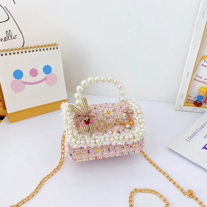 Girl's Crossbody Bag Flower Pearl Handbag Bow-knot Rabbit Shoulder Pocket Coin Purse Kids Princess Messenger Bag Birthday Gift