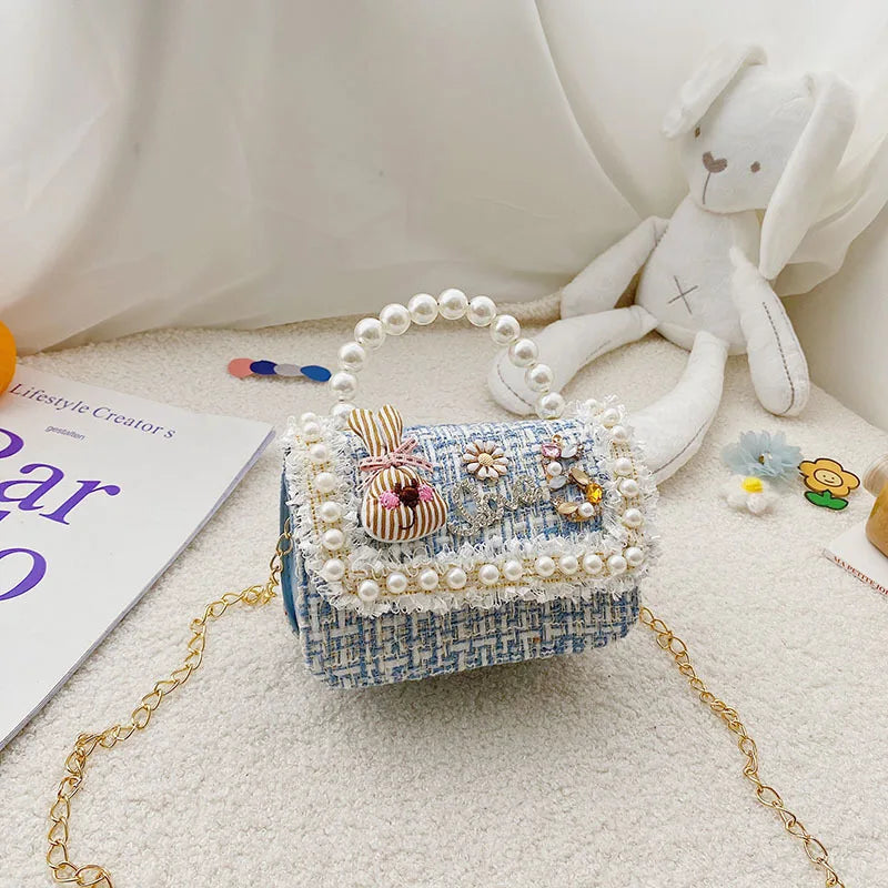 Girl's Crossbody Bag Flower Pearl Handbag Bow-knot Rabbit Shoulder Pocket Coin Purse Kids Princess Messenger Bag Birthday Gift