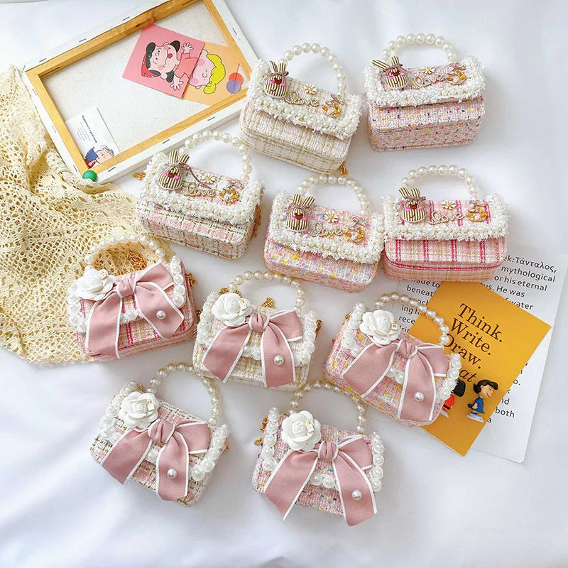 Girl's Crossbody Bag Flower Pearl Handbag Bow-knot Rabbit Shoulder Pocket Coin Purse Kids Princess Messenger Bag Birthday Gift