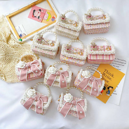 Girl's Crossbody Bag Flower Pearl Handbag Bow-knot Rabbit Shoulder Pocket Coin Purse Kids Princess Messenger Bag Birthday Gift
