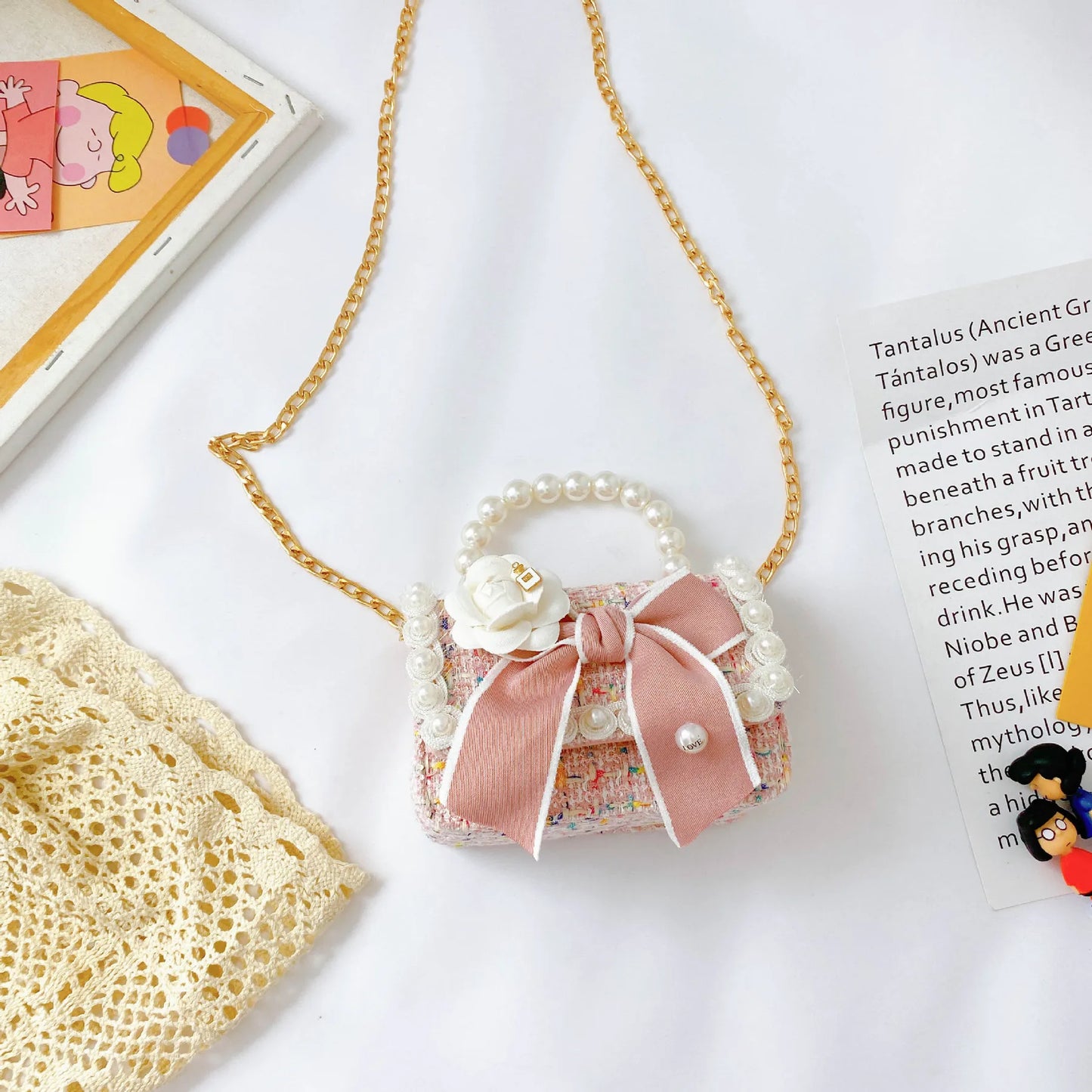 Girl's Crossbody Bag Flower Pearl Handbag Bow-knot Rabbit Shoulder Pocket Coin Purse Kids Princess Messenger Bag Birthday Gift