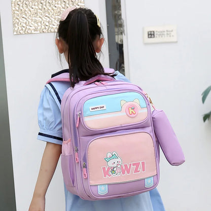 Girls Backpack Cute Animal Print Kids School Bag Lightweight Travel Bag 3-6 Grade Students Oxford Cloth Backpack Pencil Case