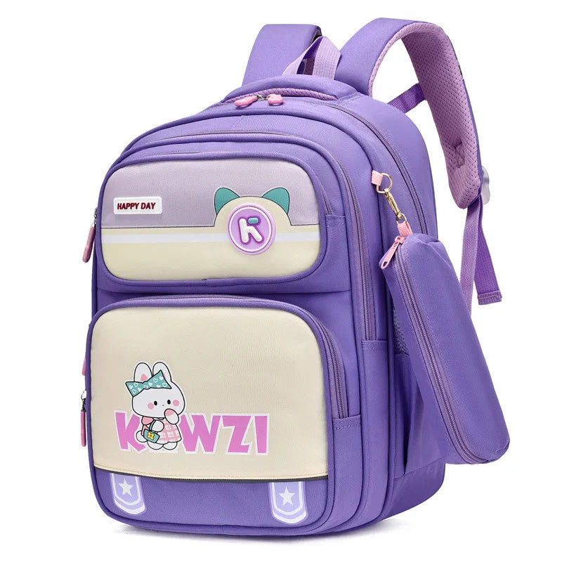 Girls Backpack Cute Animal Print Kids School Bag Lightweight Travel Bag 3-6 Grade Students Oxford Cloth Backpack Pencil Case