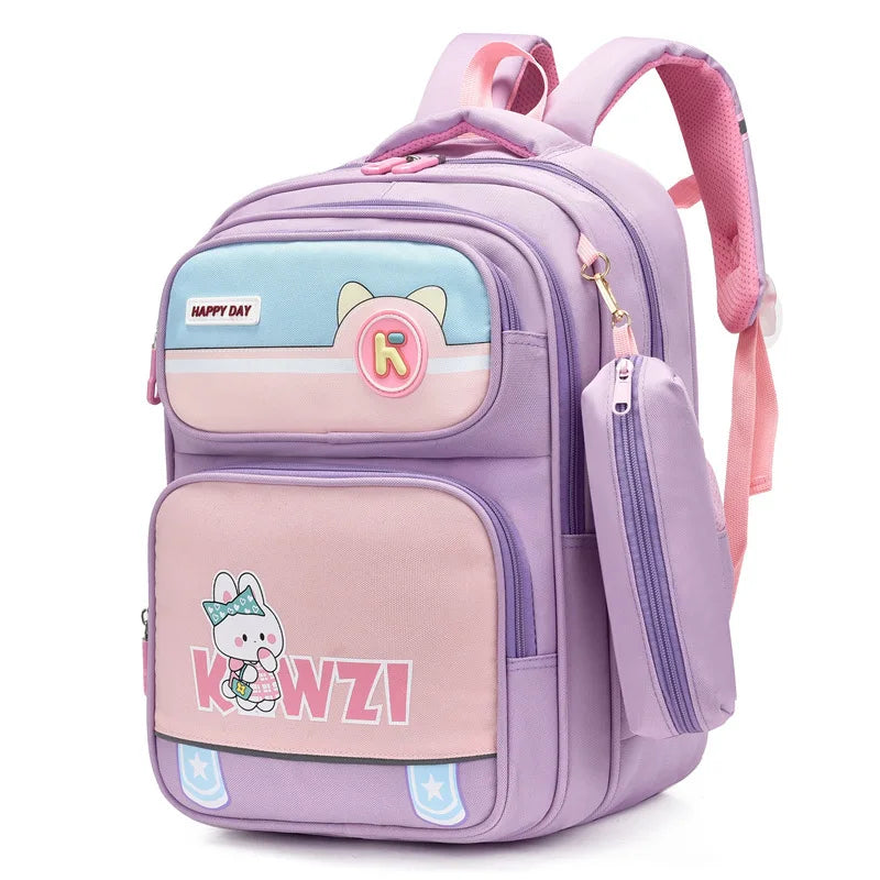 Girls Backpack Cute Animal Print Kids School Bag Lightweight Travel Bag 3-6 Grade Students Oxford Cloth Backpack Pencil Case