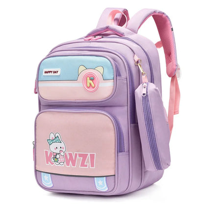 Girls Backpack Cute Animal Print Kids School Bag Lightweight Travel Bag 3-6 Grade Students Oxford Cloth Backpack Pencil Case