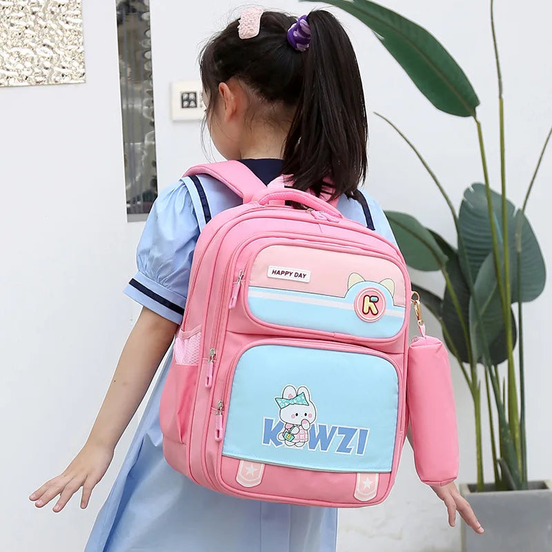 Girls Backpack Cute Animal Print Kids School Bag Lightweight Travel Bag 3-6 Grade Students Oxford Cloth Backpack Pencil Case