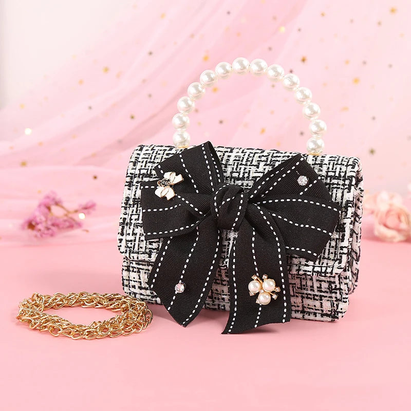 Girls Cute Bag Plaid Messenger Bag Baby Purse Pearl Handbag Kid Small Coin Pouch Hasp Backpack Girl Birthday Party Crossbody Bag