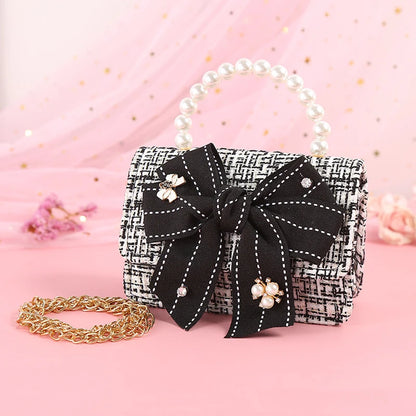 Girls Cute Bag Plaid Messenger Bag Baby Purse Pearl Handbag Kid Small Coin Pouch Hasp Backpack Girl Birthday Party Crossbody Bag