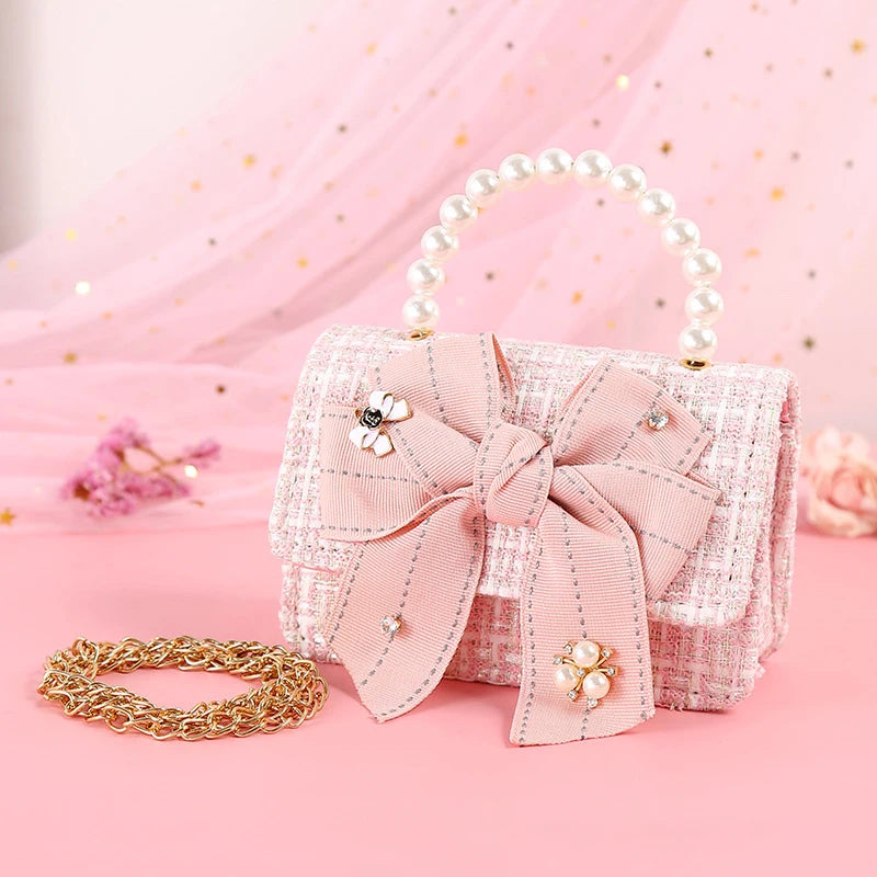 Girls Cute Bag Plaid Messenger Bag Baby Purse Pearl Handbag Kid Small Coin Pouch Hasp Backpack Girl Birthday Party Crossbody Bag