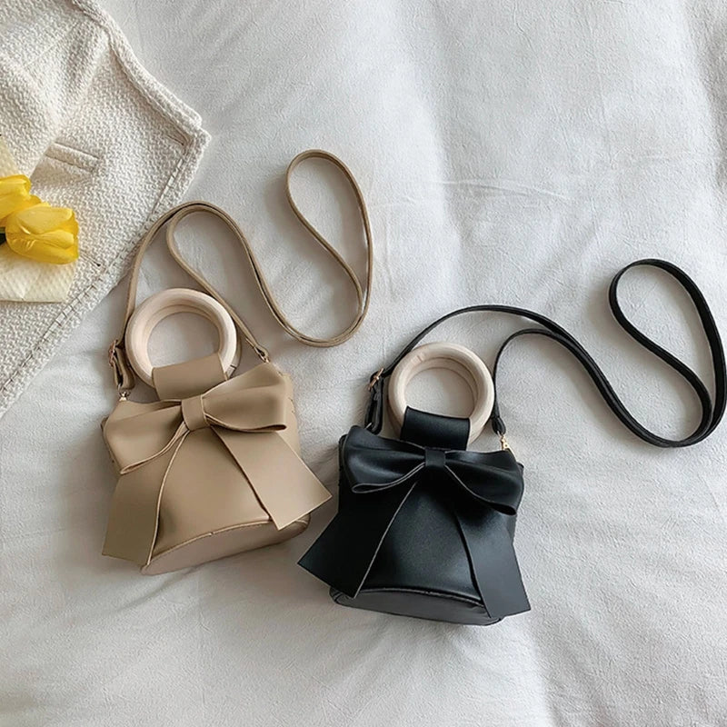 Girls Shoulder Bag Mini Handbags Women's Bow Tie Bucket Bag Fashion Crossbody Bag Female Round Wooden Handle Gifts