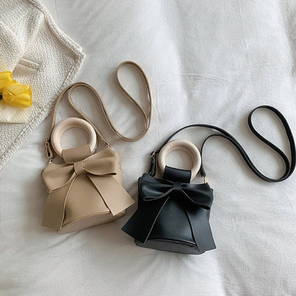 Girls Shoulder Bag Mini Handbags Women's Bow Tie Bucket Bag Fashion Crossbody Bag Female Round Wooden Handle Gifts