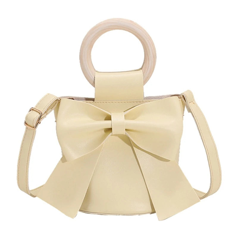 Girls Shoulder Bag Mini Handbags Women's Bow Tie Bucket Bag Fashion Crossbody Bag Female Round Wooden Handle Gifts