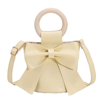 Girls Shoulder Bag Mini Handbags Women's Bow Tie Bucket Bag Fashion Crossbody Bag Female Round Wooden Handle Gifts