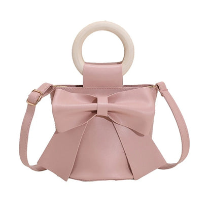 Girls Shoulder Bag Mini Handbags Women's Bow Tie Bucket Bag Fashion Crossbody Bag Female Round Wooden Handle Gifts