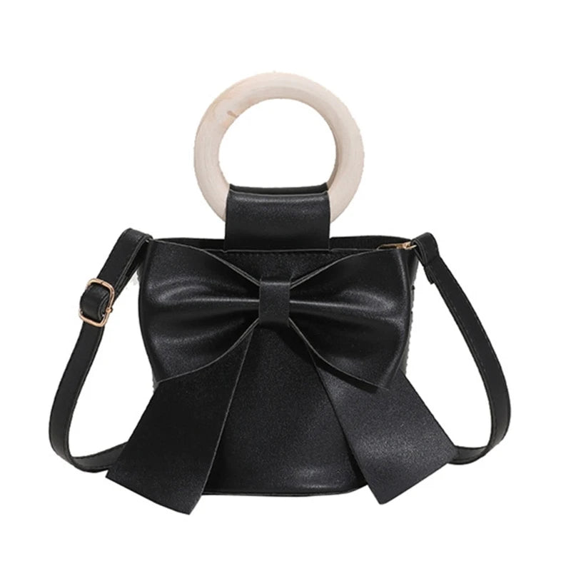 Girls Shoulder Bag Mini Handbags Women's Bow Tie Bucket Bag Fashion Crossbody Bag Female Round Wooden Handle Gifts