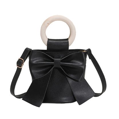 Girls Shoulder Bag Mini Handbags Women's Bow Tie Bucket Bag Fashion Crossbody Bag Female Round Wooden Handle Gifts